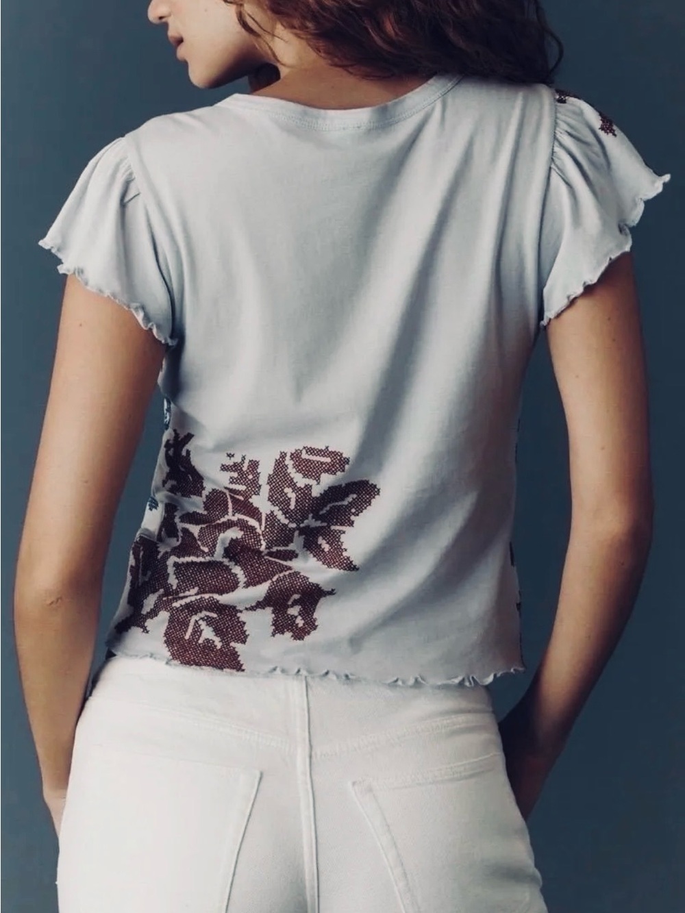 NWOT By Anthropologie Embroidered Baby Tee in Light Blue, Women’s Size S - Picture 3 of 13